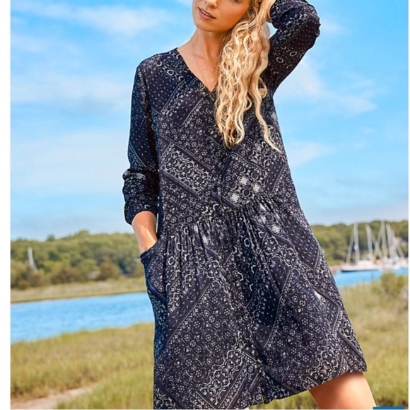 Garnet Hill Drop Waist Button Up Bohemian Print Black White Shirt Dress - Picture 1 of 9